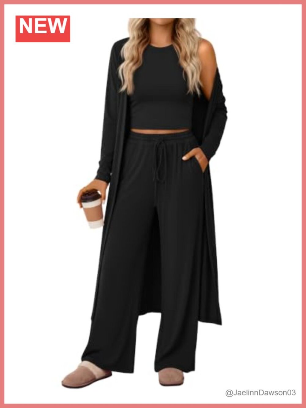 3 Piece Lounge Set Cardigan Tank Wide Leg Pants Travel Outfit